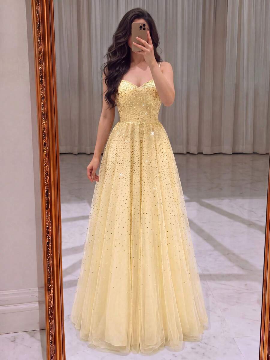 Elegant Strapless Beaded Top Layered Tulle Ruffle Long Dress With Sheer Train, Suitable For Photography, Beach Vacation, Resort, Evening Party - Champagne - View 1