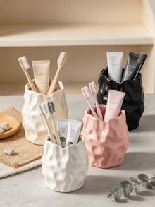 1pc Wrinkled Texture Toothbrush Cup, Aesthetic Asymmetrical Wavy Edge Storage Box, Bathroom Vanity Countertop Decor Organizer, Modern Minimalist Desktop Accessory, Suitable For Makeup Brushes, Pens, Pencils, Available In White, Pink, Black, Beige - Multicolor - View 8