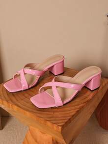 Solid Color Women's Elegant Pink High Heel Sandals Open Toe Square Toe Chunky Heel Cross Strap Party Sandals - Pink - View 2