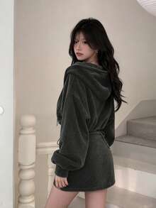 YCYC Women's Autumn Vintage Corduroy Hooded Jacket + Drawstring High Waist Skirt 2 Pieces Set - Black - View 5