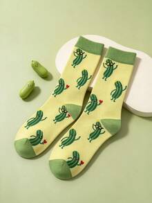 Unisex Creative Pickle Pattern Mid-Calf Socks, Cute Cartoon Design, Comfortable & Breathable, Versatile - Multicolor - View 2