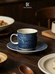 Japanese Style Blue Striped Ceramic Cup & Saucer Set, Vintage Indigo Blue Porcelain Coffee Cup With Saucer, Japanese Style Latte Espresso Tea Cup, Microwave Tableware, Suitable For Home Kitchen And Afternoon Tea - Blue - View 3