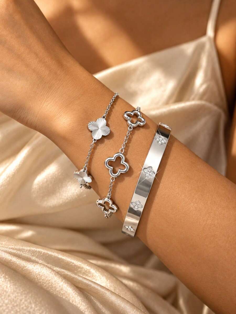 VceTd 1 Set Fashionable Clover Stainless Steel Jewelry Set Suitable For Women's Fashion Commute Or Daily Wear