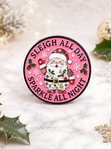 1pc Cute Christmas Style Metal Pink Snowflake Holly English Quote Round Santa Claus Brooch Men's Christmas Backpack Jacket Decoration Gift - Multicolor - View 6