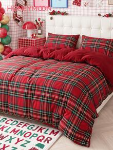2/3pcs Red Plaid Print Duvet Cover Set (1 Duvet Cover + 1/2 Pillowcases, Duvet Insert Not Included), Fashion Decorative Bedding, Bedroom Dorm Essential - Multicolor - View 1