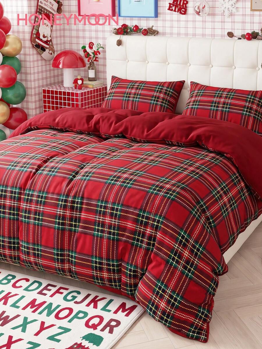 2/3pcs Red Plaid Print Duvet Cover Set (1 Duvet Cover + 1/2 Pillowcases, Duvet Insert Not Included), Fashion Decorative Bedding, Bedroom Dorm Essential - Multicolor - View 1