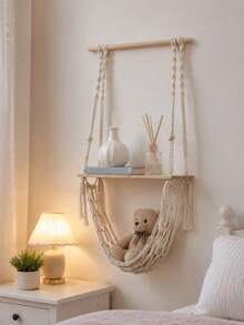 Bohemian Style Hanging Wall Shelf, Book Plant Aromatherapy Wall Decor Storage Rack, Room Homestay Wall Storage Shelf, Handmade Woven Wall Storage Net - Natural Wood Color - View 4