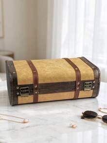 Vintage Wooden Storage Box Decorative Antique Leather Treasure Chest Retro Home Decor Photography Prop Keepsake Organizer Box - Yellow - View 5