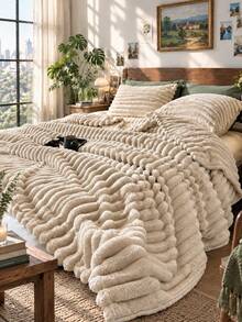 1pc Luxury Thin Double-Sided Faux Rabbit Fur Blanket, Comfortable Striped Flannel, Soft & Warm, Suitable For Nap, Office, Camping, Sofa, Multi-Functional Polyester Bed Cover, Christmas Gift - Khaki - View 9
