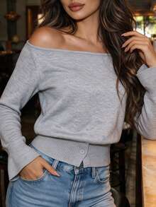 Vexica Women's Sexy Grey Cold Shoulder Bell Sleeve Cropped Knit Top, Suitable For Winter Parties, Night Out And Daily Wear - Light Grey - View 2