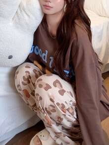 Gongdie 2 Pieces Miffy Women's Pajama Set,Fall Brown Leopard Print Soft Cotton Loungewear With Pocket - Brown - View 6