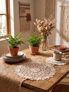 1/2/4/6pcs Ditsy Floral Embroidered Solid Color Round Placemats, Bohemian Style Kitchen Decor, Dining Table Mats, Coasters For Cups/Bowls/Plates, Non-Slip, Suitable For Holidays, Parties, Birthdays, Weddings, Dinners, Offices, Coffee Tables, Home Decor, All Seasons - Champagne - View 4
