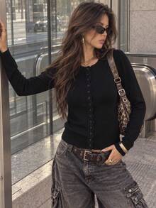Women Fall Winter Black Ribbed Knit Cardigan, Crew Neck Button Front Long Sleeve Sweater, Cozy Casual Layering Top, Vacation Back To School Outfit - Black - View 10