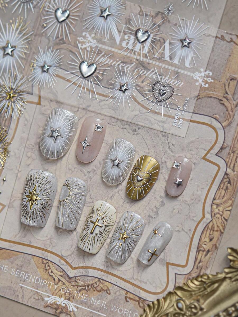 3D Embossed Christmas Star Heart Gold Metallic Nail Stickers, Nail ...