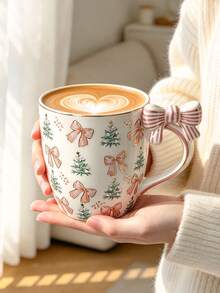 1pc Ceramic Coffee Mug With A 3D Bow Design, Featuring A Bow-Adorned Handle And Decorated With Charming Trees And Bows; A Lovely Tea And Milk Mug, Perfect For Kitchen Table Decor-An Elegant Gift For Girls - Multicolor - View 7