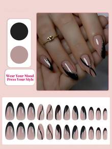 24pcs Medium Almond-Shaped Black & Gold French Manicure Nail Stickers, Glitter Line Minimalist Style Full Coverage False Nails, Suitable For Women's Daily Wear - Multicolor - View 3