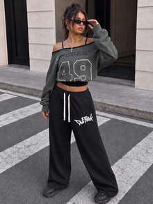 Women's Drawstring Waist Loose Wide Leg Casual Sports Pants, With Pockets, Knit Fabric Slightly Elastic, Black, Autumn Sports Style - Black - View 3