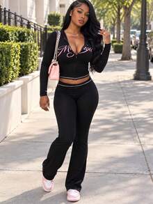 Women's 2-Piece Streetwear Set, Long Sleeve Printed Top And Pants, Y2K Style Outfit Black Elegant - Black - View 4