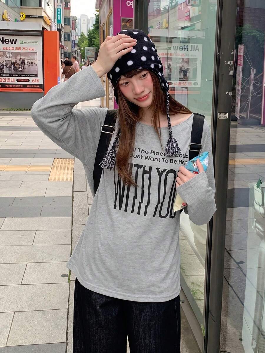 Early Autumn Grey Off-Shoulder Cold Shoulder Long Sleeve T-Shirt Women's Sexy Top - Grey - View 1