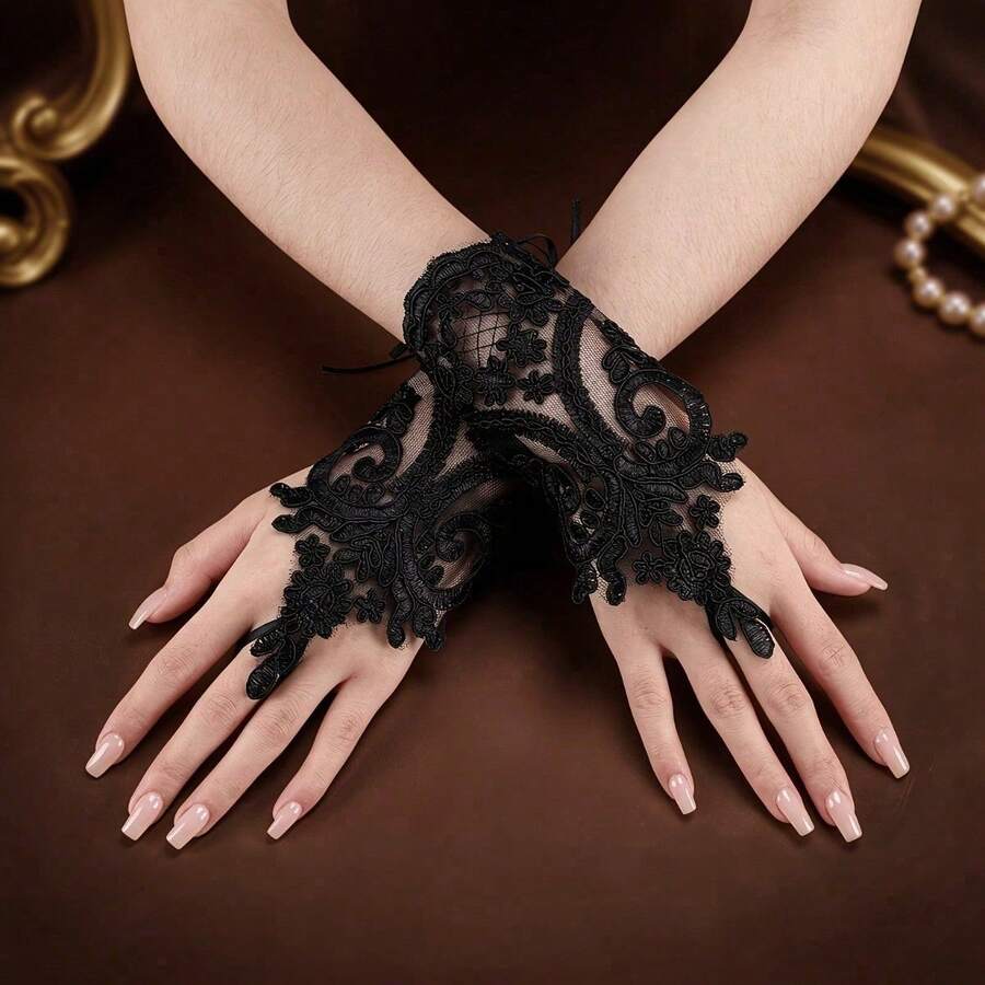 1 Pair Black Lace Floral Fingerless Decorative Gloves, Suitable For Formal Dress, Stage Performance, Wedding Styling, Birthday Party, Holiday Outfit - Multicolor - View 1