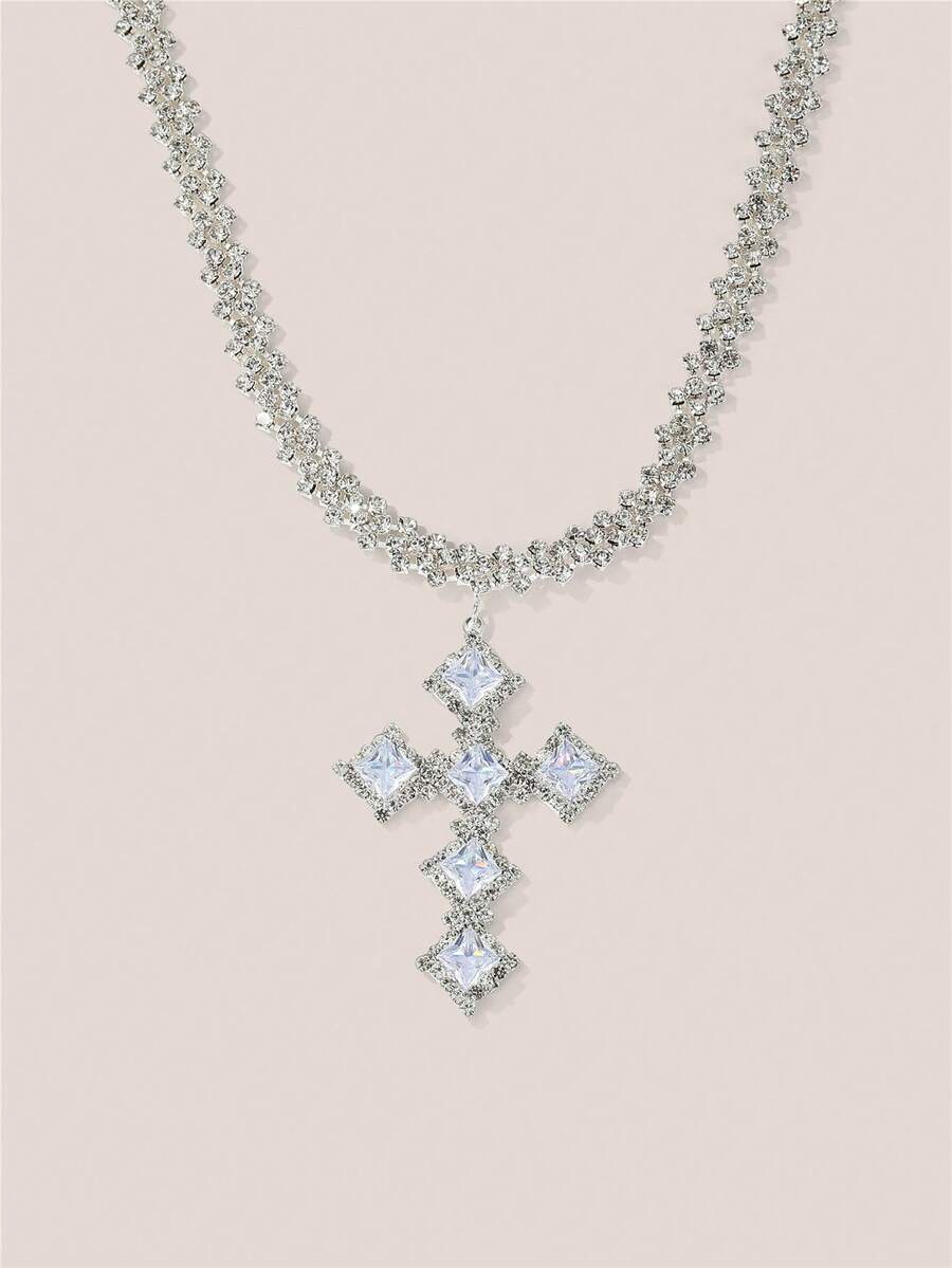 Valisandre 1pc Luxury Filled With Cubic Ia Cross Pendant Necklace - Silver - View 1