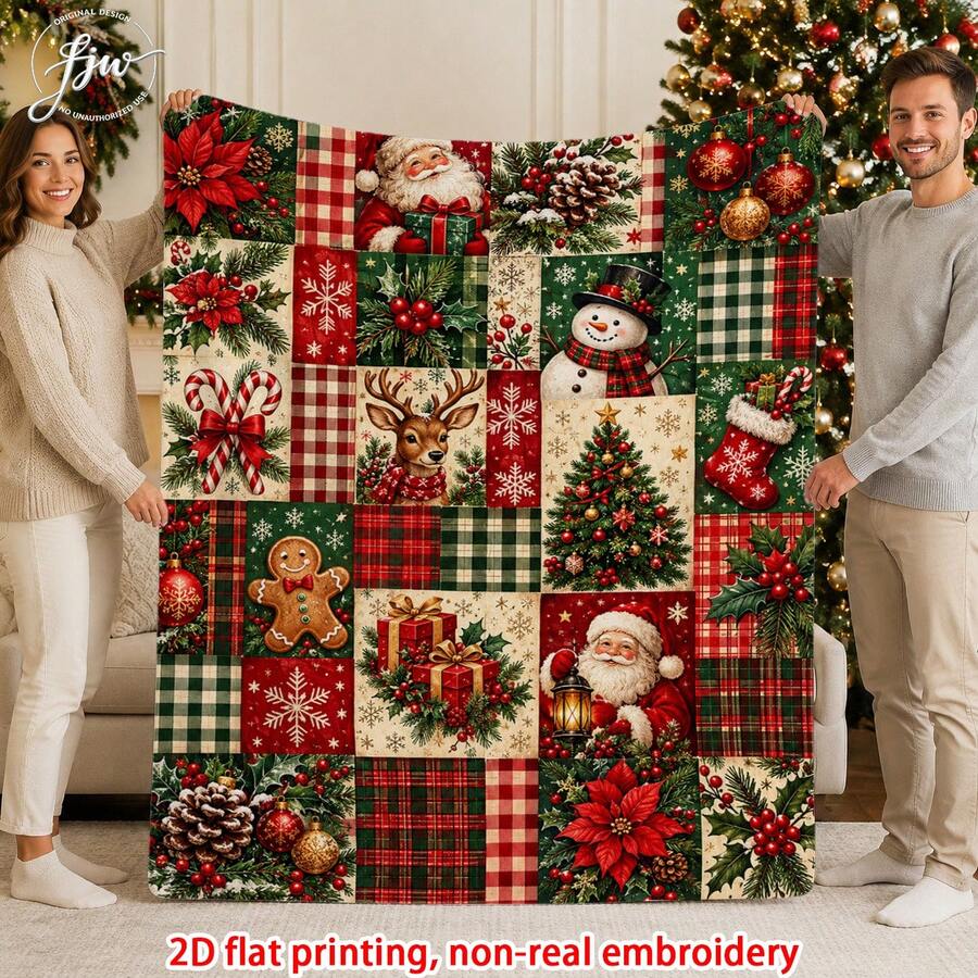 1pc Christmas Patchwork Santa Claus & Gingerbread Man Print Flannel Blanket, Holiday Sofa Bed Throw, Home Decor - Multicolor - View 1