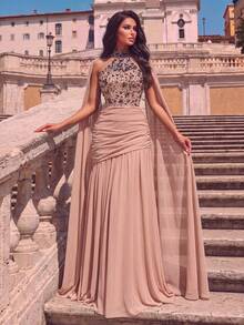 Romantic Women's Long Dress, Sleeveless Halter Neck Design, Embellished With Sequins And Pearl Details, Fitted Waist, Suitable For Special Occasions - Champagne - View 4