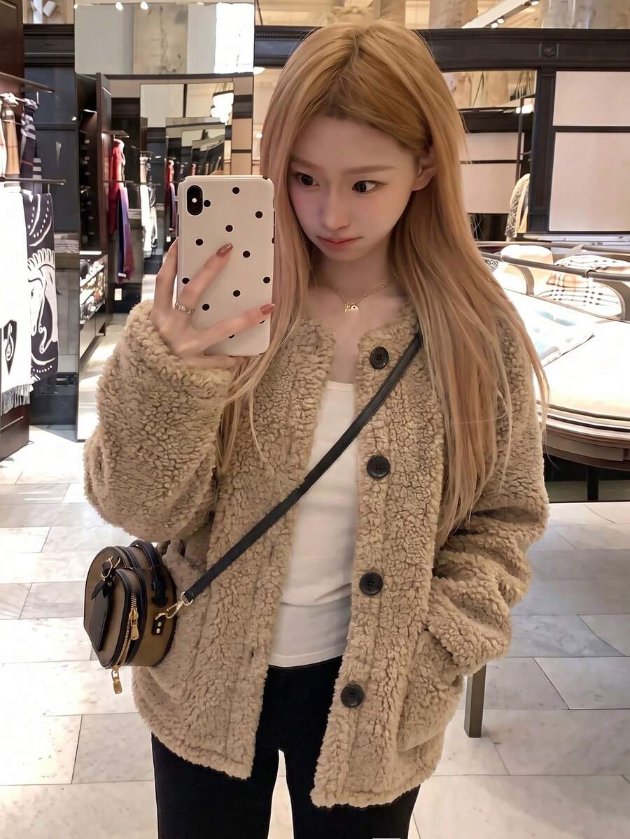 Women's Autumn/Winter New Leather & Fur Fleece Jacket, Thickened Thermal Lining, Vintage Retro - Khaki - View 1