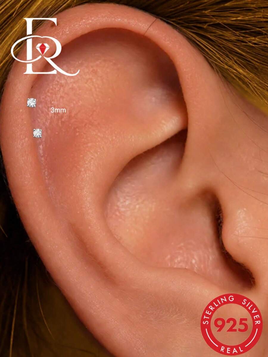 EleRunis 1 Pair 925 Sterling Silver Classic Claw Set Spiral Thread Cartilage Piercing Earrings, Exquisite Jewelry, Suitable For Daily Wear, Wedding, Party, Engagement, Anniversary, Valentine's Day - Silver - View 1