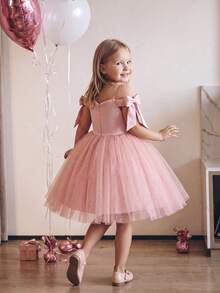 Young Girl Light Pink Spaghetti Strap Bow Tulle Dress, Princess Party Dress For Girls, Suitable For Children's Birthday, Wedding, Flower Girl, Prom, Holiday Celebration - Baby Pink - View 2