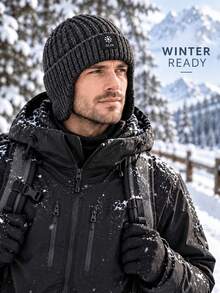 Mũ len dệt unisex lót nỉ có che tai, mũ beanie mùa đông gân dày, mũ skull cap xắn gấu chống gió giữ ấm, phù hợp cho thể thao ngoài trời - Nhiều màu - Xem 2