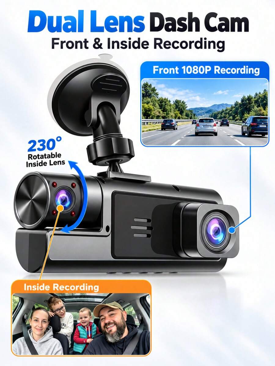1080P HD 雙行車記錄器 前後內三路車載攝影機，170°廣角、可旋轉鏡頭、循環錄影、24小時停車監控、紅外線夜視，適用於轎車 SUV 卡車錄影機，不含記憶卡 - A - 查看 1