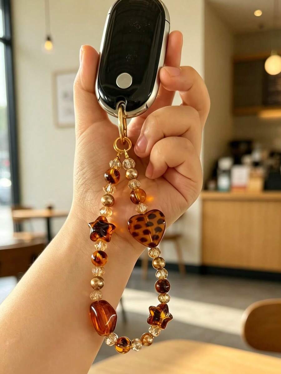 Creative Leopard Print Beaded Keychain Pendant, Phone Chain, Fashionable Bag Charm Accessory, Car Key Accessory, Remote Key Fob Pendant, Suitable As Gift For Women Friends, Valentine's Day Gift - A - View 1