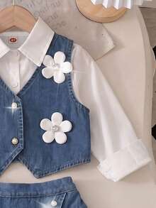 Young Girl Preppy Denim 3 Pieces Set, 3D Floral Decor Vest With Lapel Solid Color Long Sleeve Shirt And Denim Pleated Mini Skirt - White - View 4