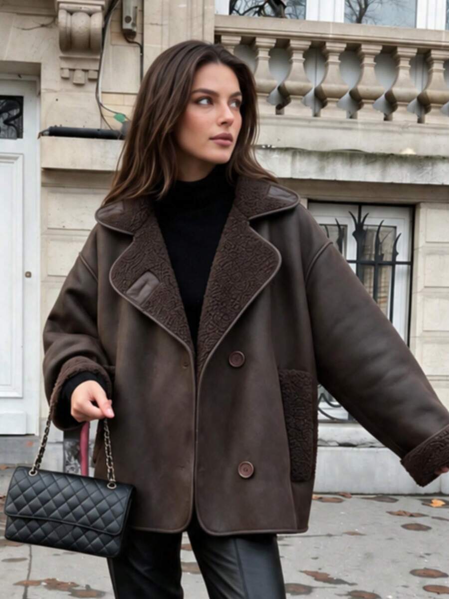 Women's Dark Brown Shearling Aviator Jacket – Oversized Winter Faux Leather Coat - Brown - View 1