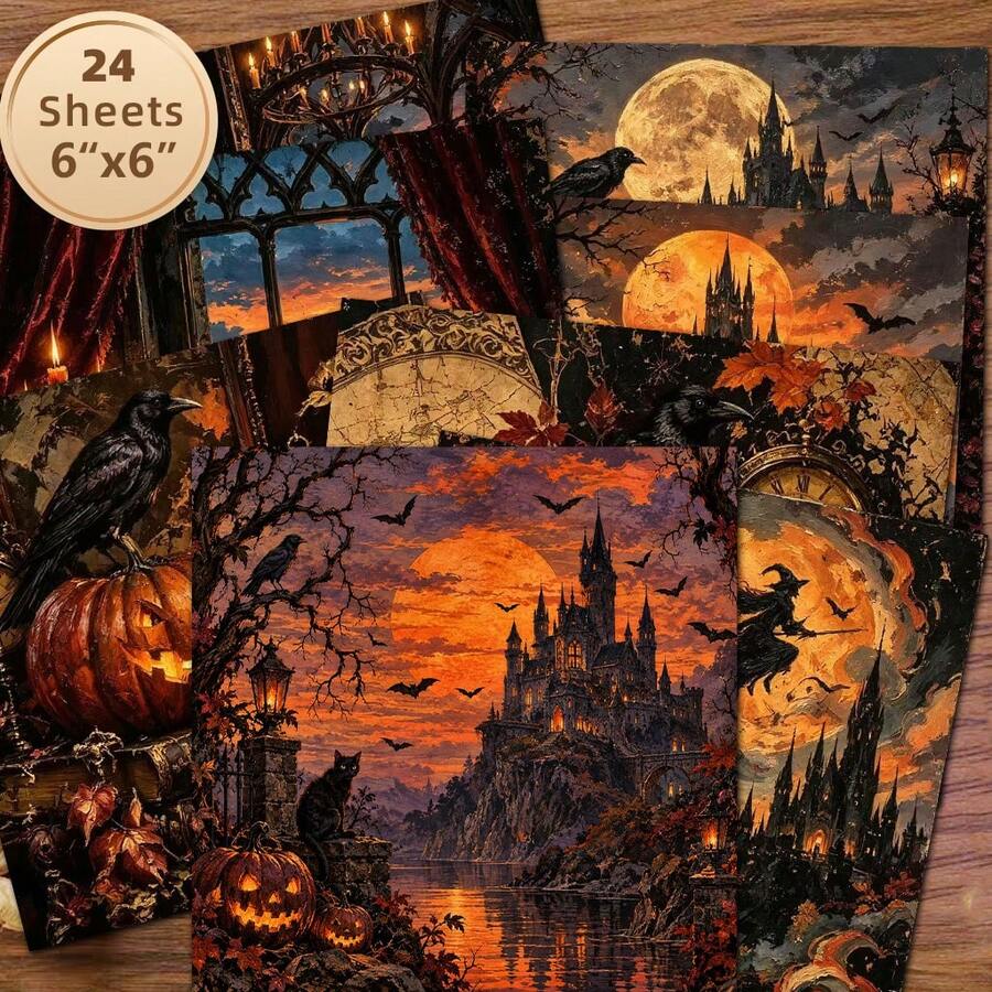 1 Sheet 6*6 Inch Flat Decorative Paper, Non-Repeating Halloween Gothic Castle Oil Painting Material Paper, Full Moon, Crow, Pumpkin, Bat, Red Rose Skull Vintage Textured Pattern, Scrapbooking Collage, Halloween Card Making, Photo Album DIY, Gift Box Lining Handmade Background Paper - Square - View 1
