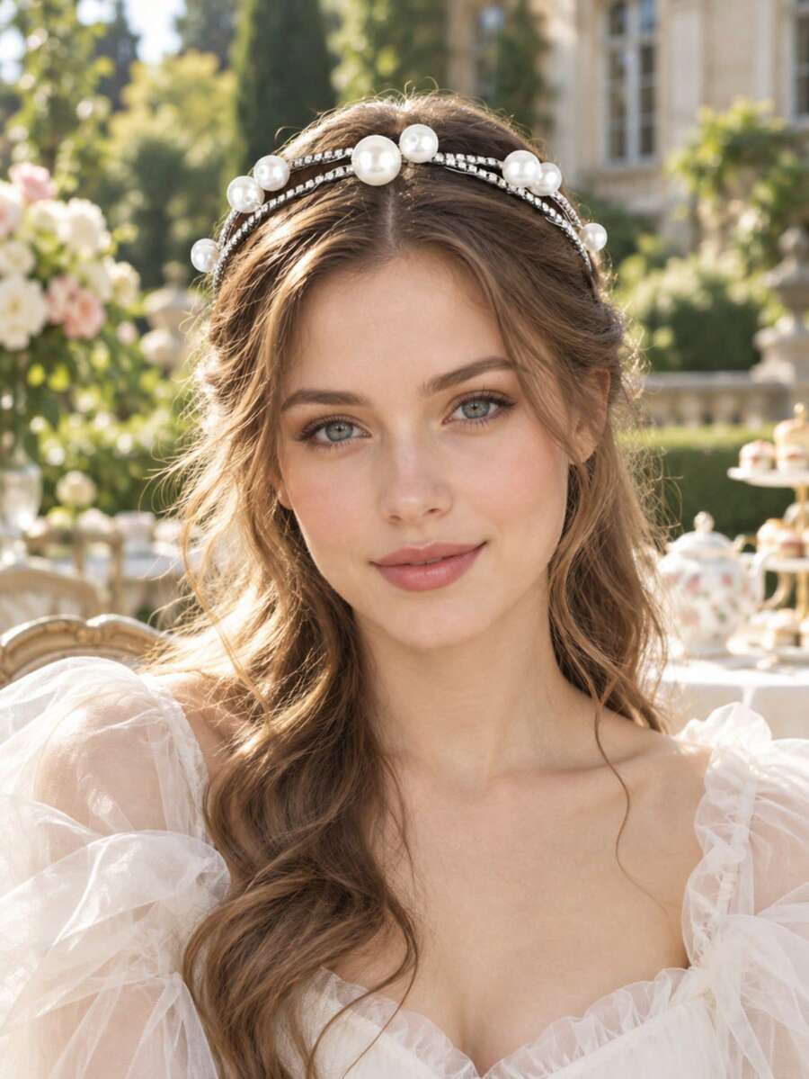 Băng đô tóc Glam màu bạc 2 lớp đính ngọc trai lớn, đá pave và rhinestone, phụ kiện tóc sang trọng cho cô dâu, đám cưới, phù dâu, tiệc tối và dạ hội - Bạc - Xem 1