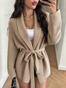Plus Size Casual Solid Color Loose Waist Belt Straight Sleeve Versatile Cardigan Sweater - Khaki - View 1