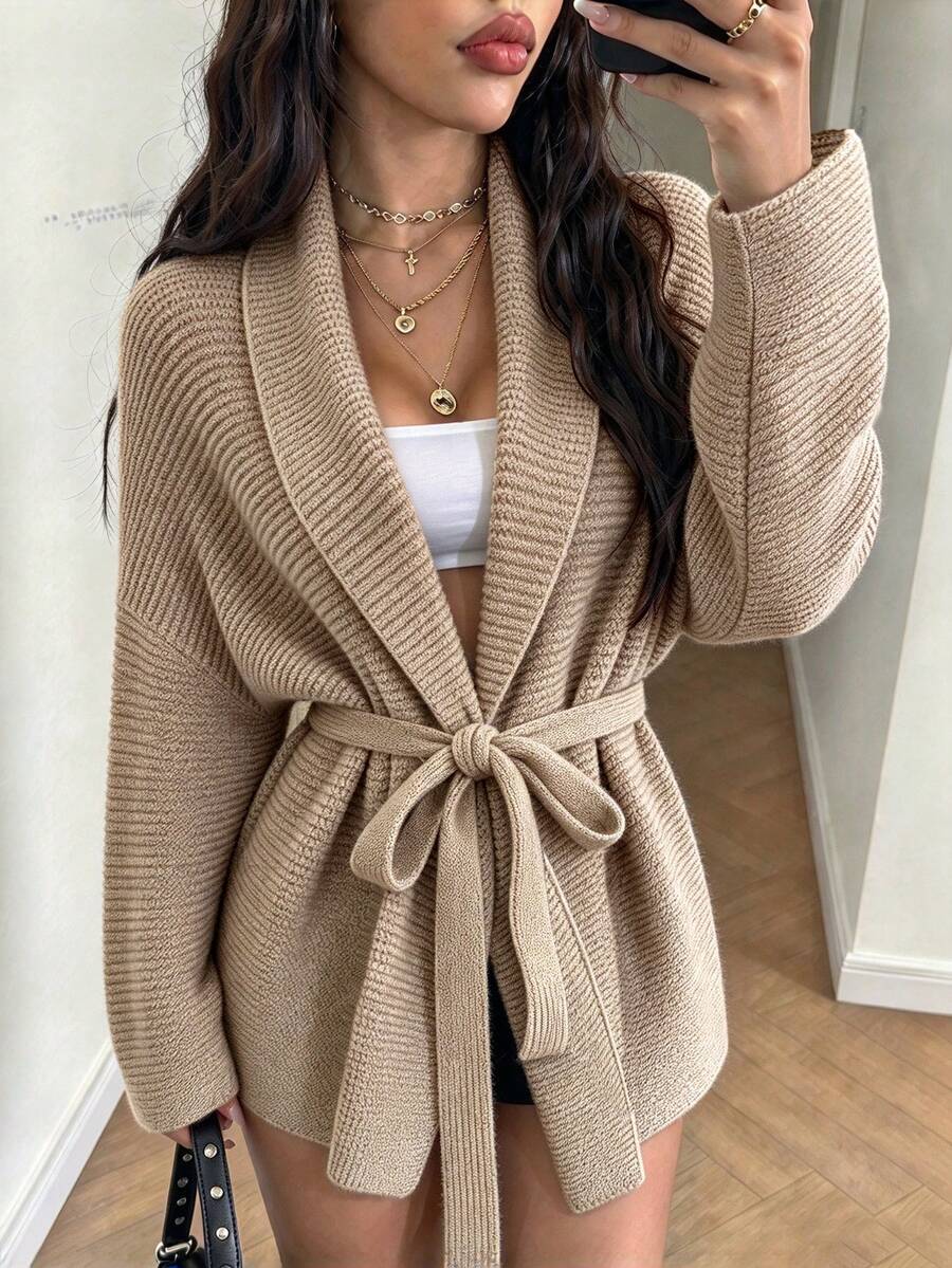 Plus Size Casual Solid Color Loose Waist Belt Straight Sleeve Versatile Cardigan Sweater - Khaki - View 1