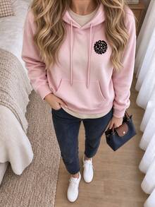 Vintage Aesthetic Celestial Moon & Star Pattern Sweatshirt, Women's Loose Long Sleeve Pullover Sweatshirt, Back Print Casual Top - Pink - View 2