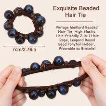 Retro Beaded Hair Scrunchie For Women, Leopard Print & Crystal Bead Elastic Hair Tie, Y2K Boho Ponytail Holder, Gift For Girls - Multicolor - View 3