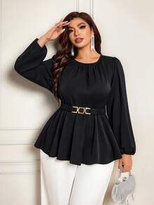 Plus Size Women's Fashion Black Round Neck Lantern Sleeve Top With Chain Decoration, Regular Length, Suitable For Autumn Wear, Birthday Party, Date - Black - View 5
