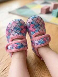 Fish Scale Kids Indoor Slippers Girls Soft Rubber Sole Lightweight Warm Comfortable Colorful Leopard Print Hook And Loop Toddler Mid-Child Autumn Winter - Multicolor - View 7
