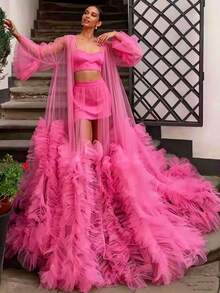 歐美新娘夢幻仙女風長款薄紗婚紗禮服附拖尾，表演禮服，百搭長款附拖尾晨袍 - 玫瑰紅 - 查看 1