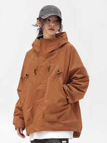 Women's Autumn Outdoor Softshell Jacket, Lightweight Loose Fit, Long Sleeve Hooded Sports Coat - Brown - View 3