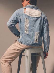 Men's Vintage Light Wash Distressed Denim Jacket, Y2K Lapel Front Button Back Hollow Out Large Ripped Frayed Long Sleeve Button-Up Cardigan Denim Jacket - Light Wash - View 2