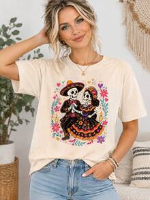 1pz Playera para mujer manga corta cómoda suave transpirable estampado gráfico calaveras mexicanas estilo casual fiesta Día de Muertos - Albaricoque - Ver 4