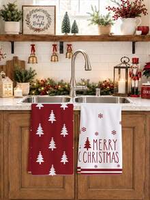 2pcs Minimalist Red Christmas Tree Snowflake Merry Christmas Text Kitchen Towels, 40*60cm Soft Microfiber Material Tea Towels, Suitable For Home Kitchen Restaurant Outdoor Camping Tabletop Cleaning Dish Cloth Hand Towel Accessories, Christmas Theme Kitchen Towels Holiday Gift - Multicolor - View 4