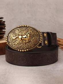 1pc Western Vintage Gold Horse Buckle Belt, Men's Adjustable Durable PU Belt, Suitable For Rodeo And Daily Wear - Multicolor - View 9
