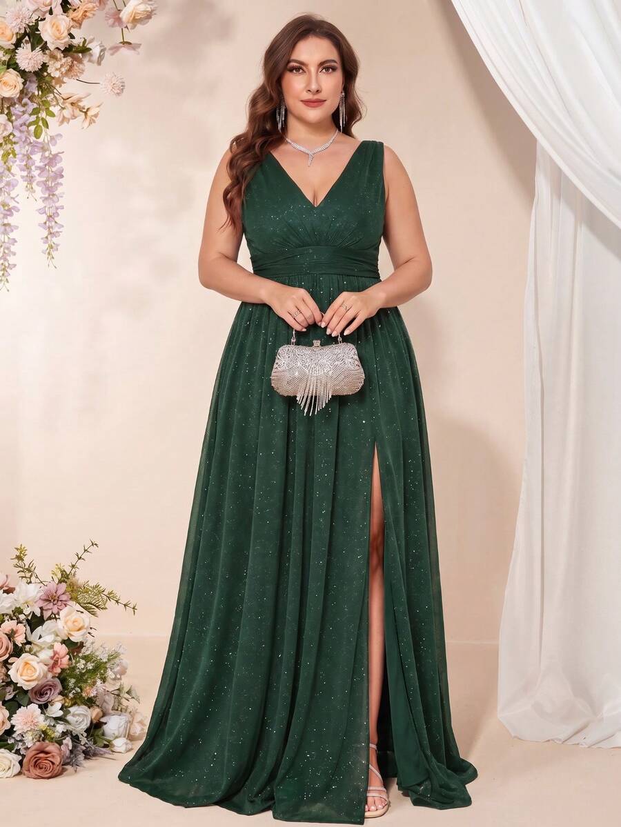 Plus Size V-Neck Sleeveless Chiffon A-Line Bridesmaid Dress, Elegant High Slit Formal Ball Gown, Suitable For Birthday, Wedding Guest Dress - Dark Green - View 1